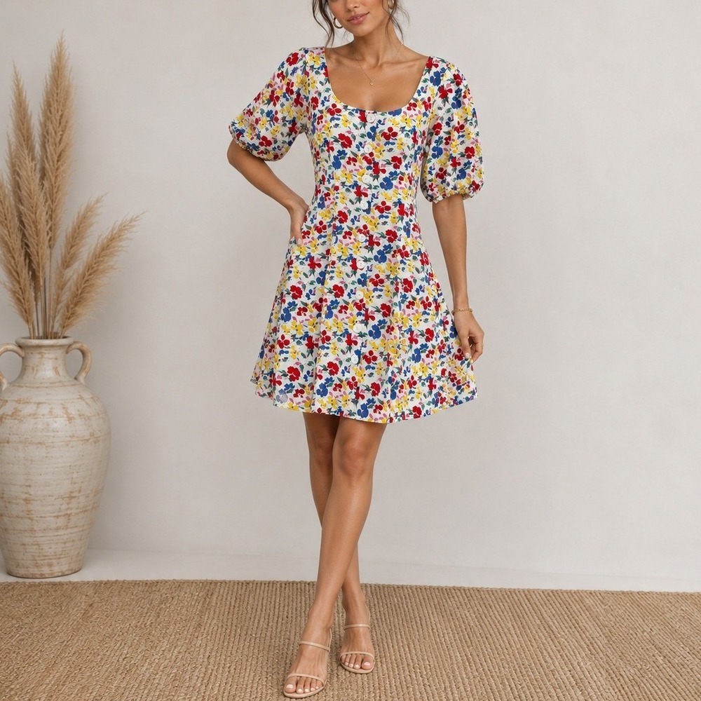 RIXO for Target Floral Mini Dress 16 Multi Color Puff Sleeve Button Front